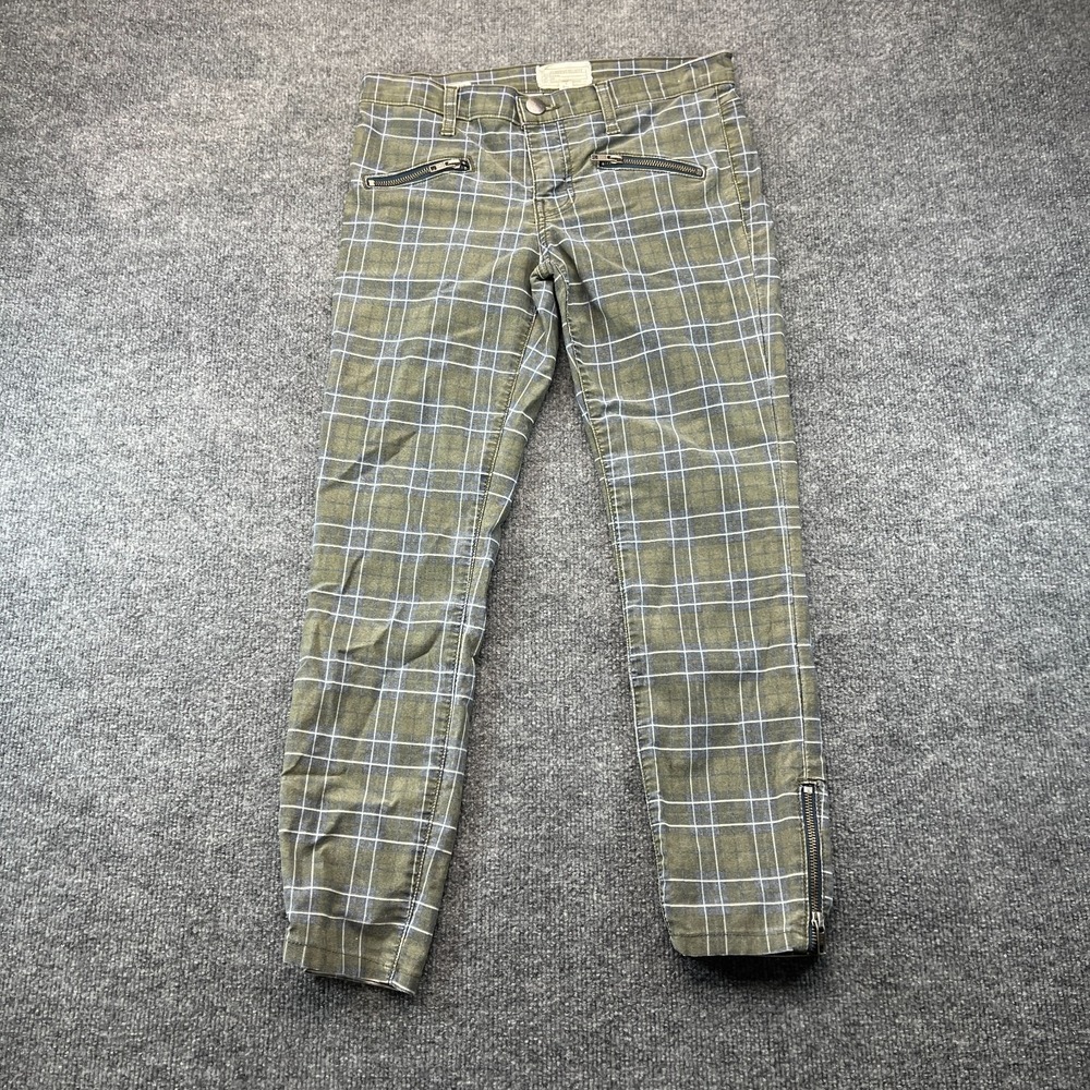 Current/Elliott Pants Womens 27 Green Grid Plaid Ankle Zip Skinny Leg Outdoor